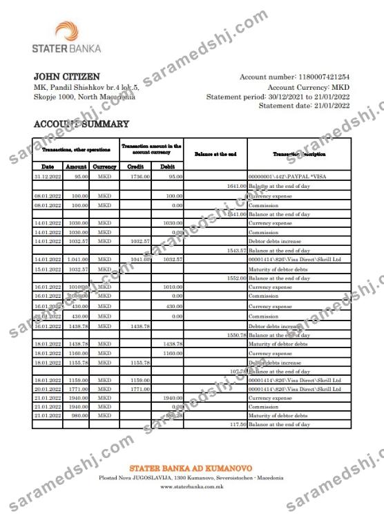 North Macedonia Stater Banka bank statement